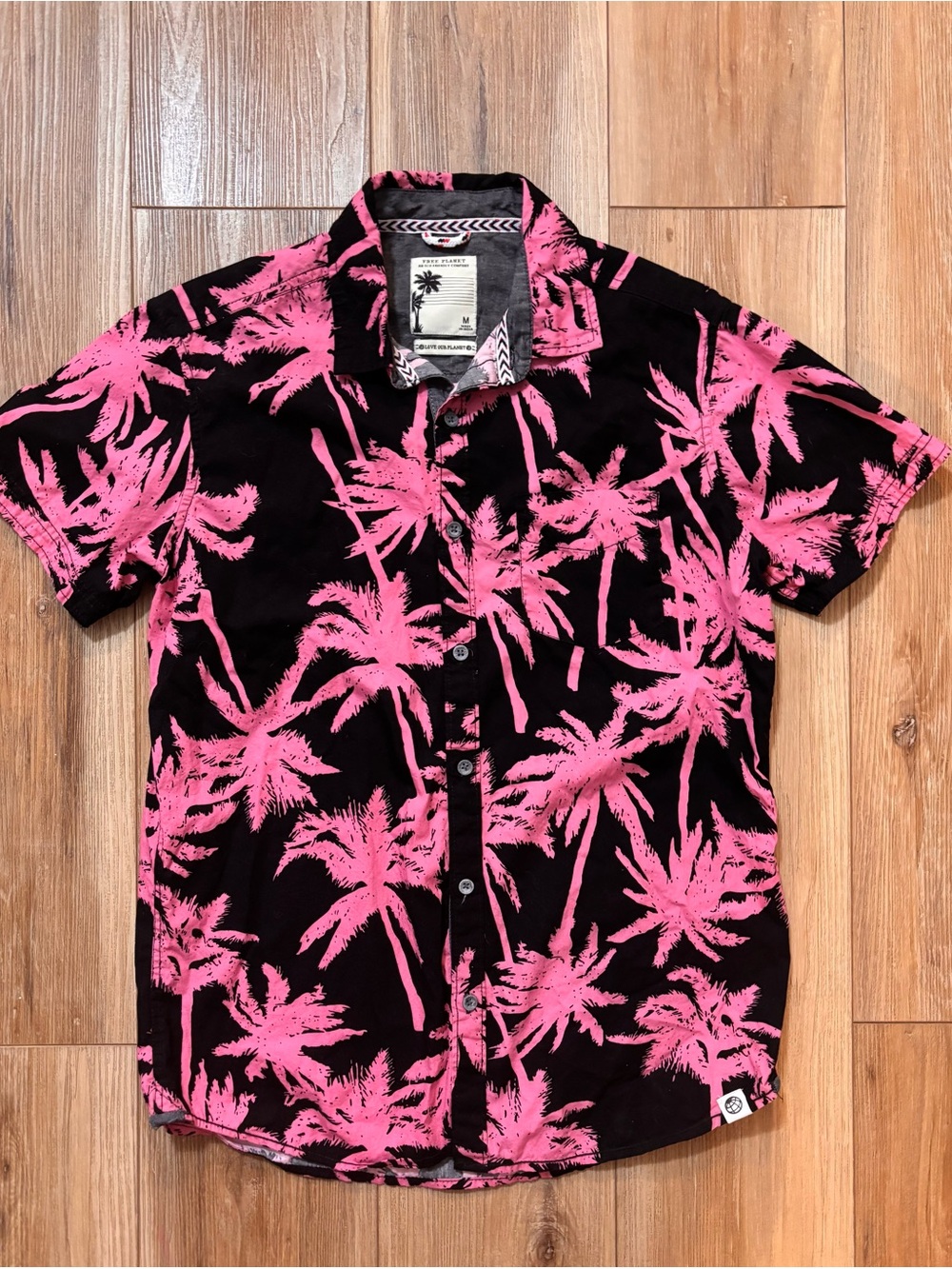 Free Planet Black Short Sleeve Button-Down with Pink Palm Print